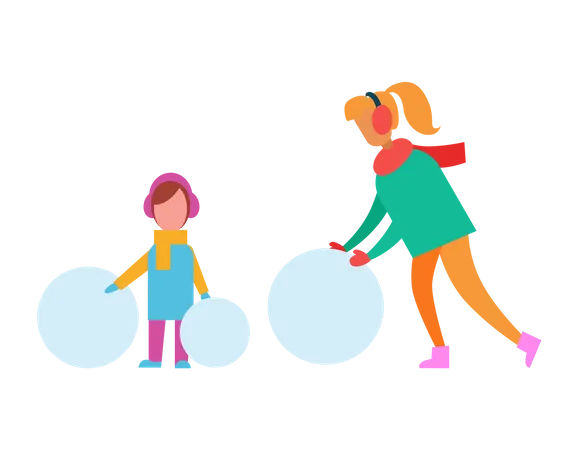 Mãe e filho fazendo boneco de neve com enormes bolas de neve  Ilustração