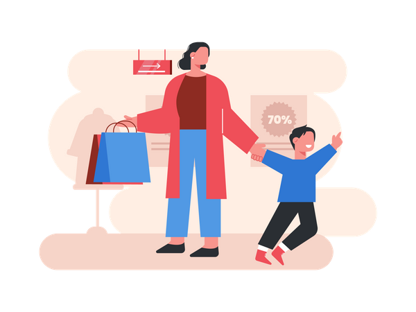 Mãe e filho fazendo compras  Ilustração