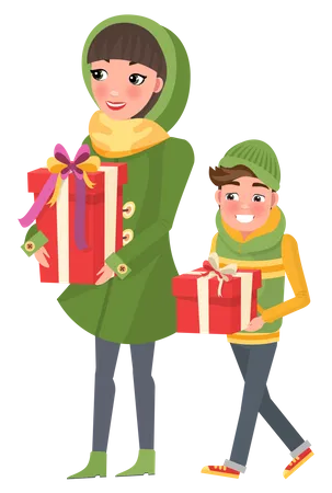 Mãe e filho fazendo compras de Natal  Ilustração