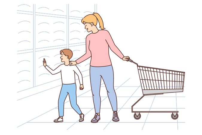 Mãe e filho fazendo compras  Ilustração