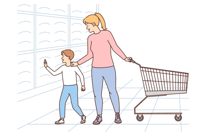 Mãe e filho fazendo compras  Ilustração