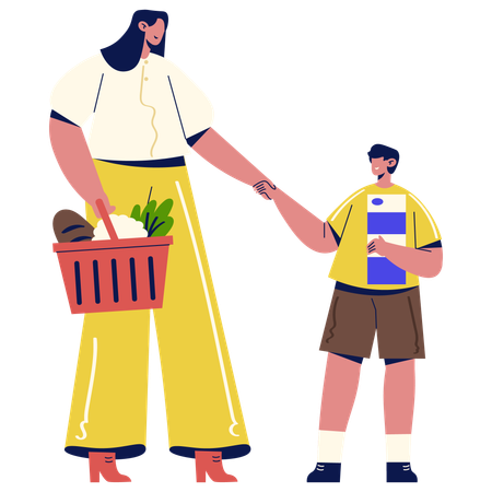 Mãe e filho fazendo compras  Ilustração