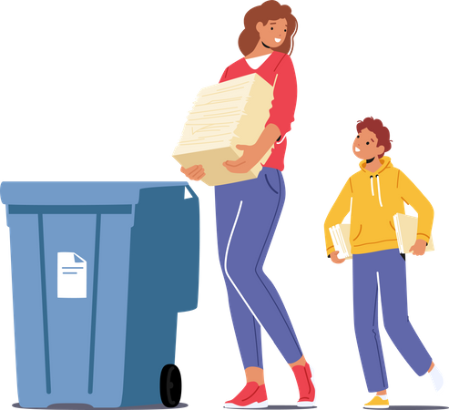 Mãe e filho jogam lixo em recipientes  Ilustração