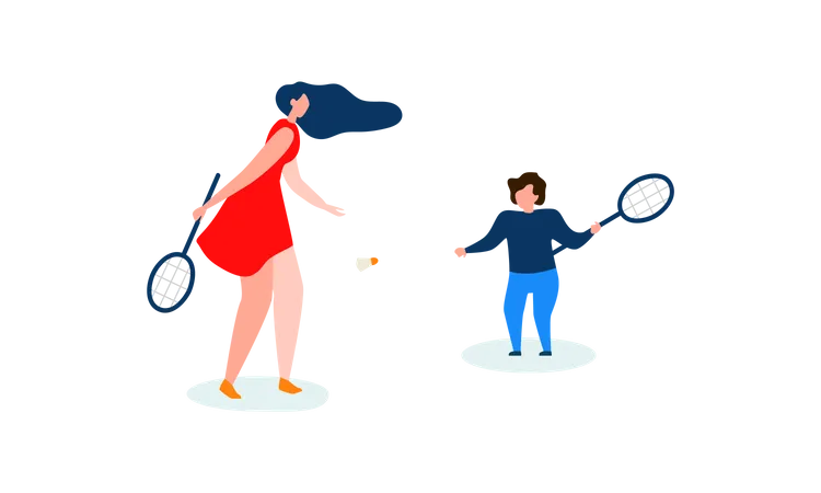 Mãe e filho jogando badminton  Ilustração