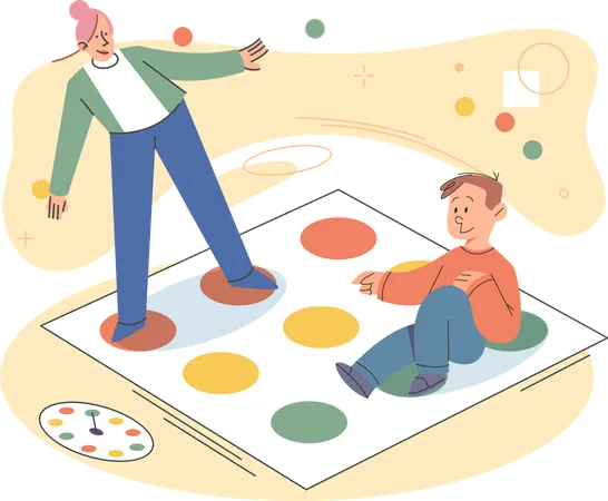 Mãe e filho jogando twister enquanto jogam jogo indoor  Ilustração