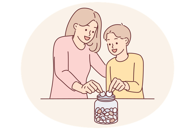 Mãe e filho jogam moedas no cofrinho juntos querendo economizar dinheiro para um desejo querido  Ilustração