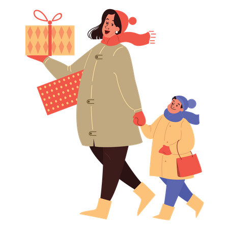 Mãe e filho andando com presentes de Natal  Ilustração