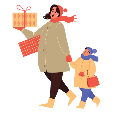 Mãe e filho andando com presentes de Natal  Ilustração