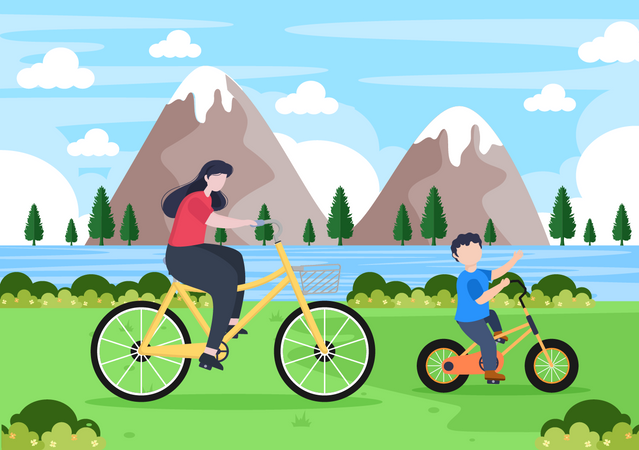 Mãe e filho andando de bicicleta no parque  Ilustração