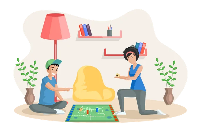 Mãe e filho se divertem com jogo de mesa  Ilustração