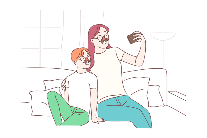 Mãe e filho tirando selfie no celular  Ilustração