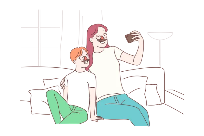 Mãe e filho tirando selfie no celular  Ilustração