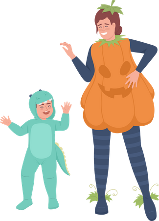 Mãe e filho vestindo fantasia fofa  Ilustração