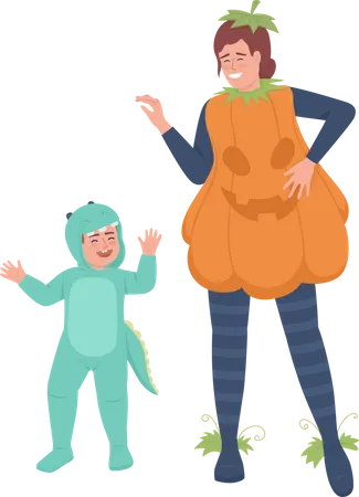 Mãe e filho vestindo fantasia fofa  Ilustração