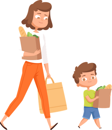 Mãe e filho indo às compras  Ilustração