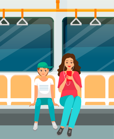 Mãe e filho viajando no trem do metrô  Ilustração