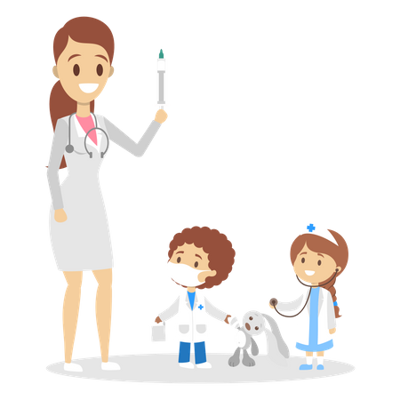 Mãe e filhos brincando de jogo de médico  Ilustração