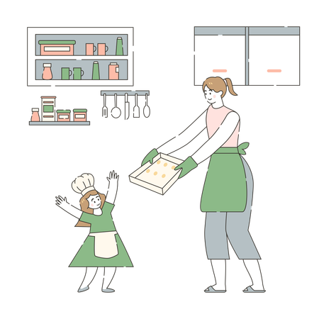 Mãe e filhos cozinhando juntos  Ilustração