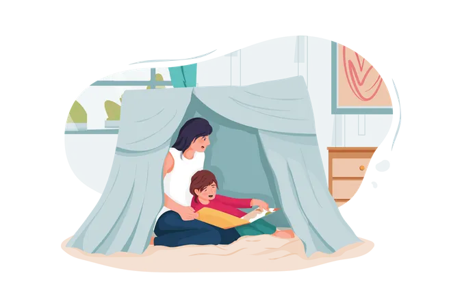 Mãe e filhos lendo livro na barraca em casa  Ilustração
