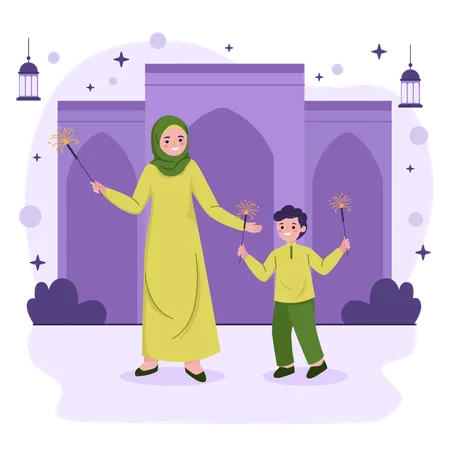 Mãe e filho jogando fogos de artifício comemorando o Ramadã  Ilustração
