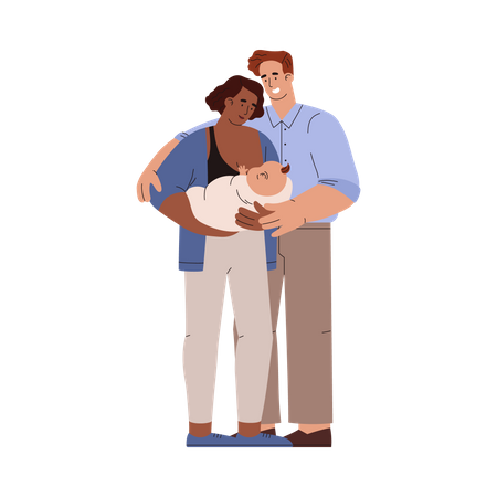 Mãe e pai com bebê recém-nascido  Ilustração