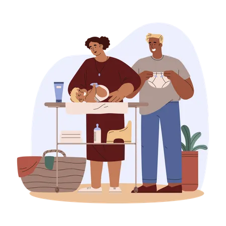 Mãe e pai trocando fralda para bebê  Ilustração