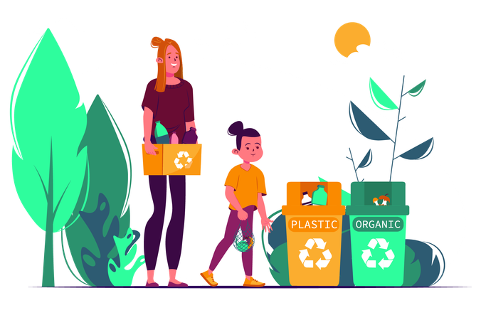 Mãe ensina sua filha a separar o lixo para salvar o meio ambiente  Ilustração