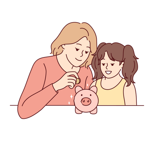 Mãe ensinando filha a economizar dinheiro no cofrinho  Illustration