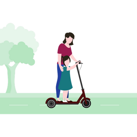 Mãe ensinando criança a andar de bicicleta  Ilustração