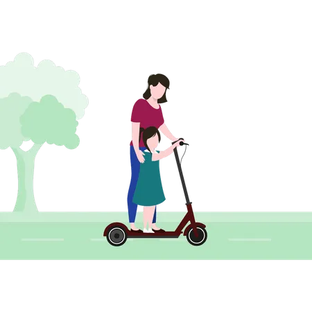 Mãe ensinando criança a andar de bicicleta  Ilustração