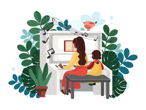 Mãe ensinando piano para filha  Ilustração