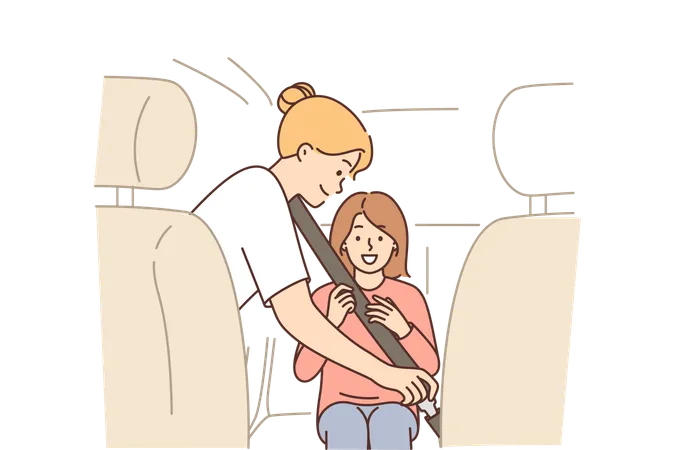 A mãe está ajudando a menina a apertar o cinto de segurança  Ilustração