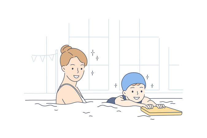 Mãe está ensinando natação para seu filho  Ilustração