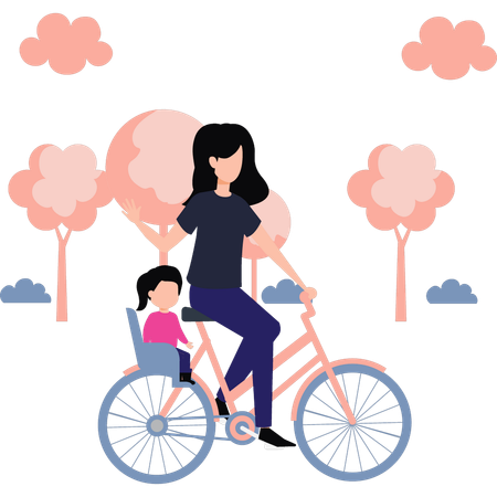 Mãe está andando de bicicleta com seu filho no parque  Ilustração