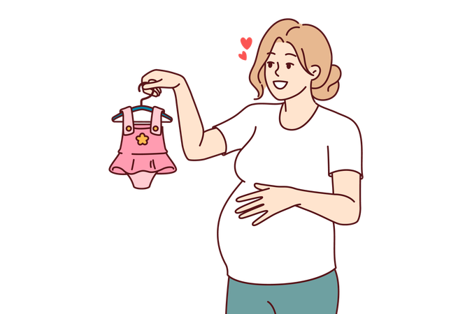 Mãe está preparando roupas para seu bebê ainda não nascido  Ilustração