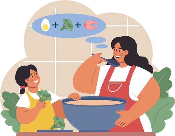 Mãe está preparando sopa de legumes  Ilustração