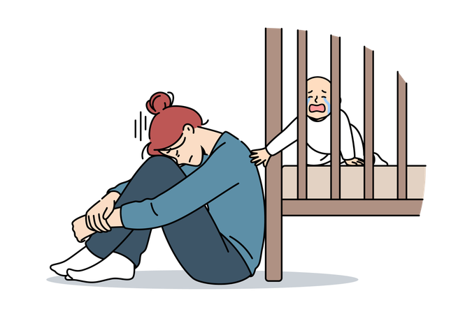 Mãe exausta e com estresse pós-parto senta-se no chão perto do berço com recém-nascido chorando  Ilustração