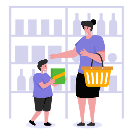 Mãe fazendo compras com criança  Ilustração