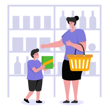 Mãe fazendo compras com criança  Ilustração