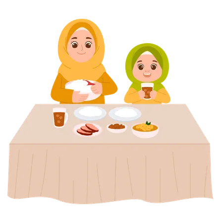 Mãe fazendo Iftar com a filha  Ilustração