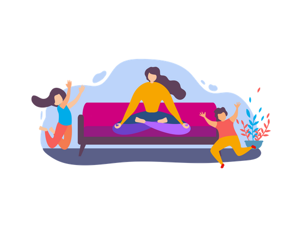 Mãe fazendo meditação e crianças brincando  Illustration