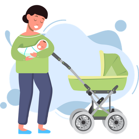 Mãe feliz carregando bebê recém-nascido  Ilustração