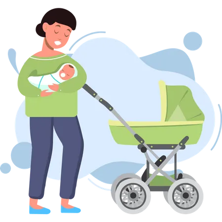 Mãe feliz carregando bebê recém-nascido  Ilustração