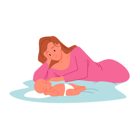 Mãe feliz dormindo com bebê  Ilustração