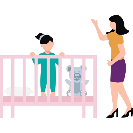 Mãe fica ao lado da cama do bebê  Ilustração