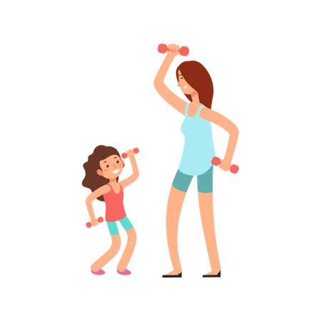 Filha mãe fazendo exercício físico  Ilustração