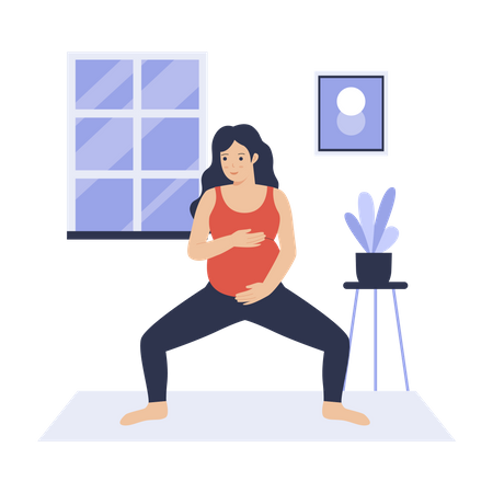 Mãe grávida pratica ioga em casa  Ilustração