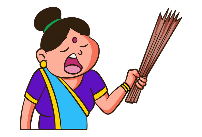 Mãe indiana segurando a vassoura na mão  Ilustração