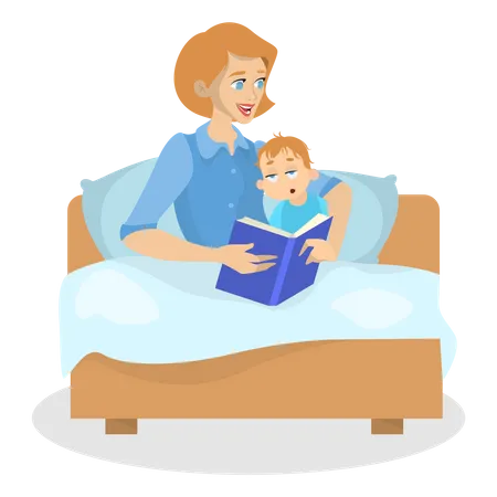 Mãe lendo livro para uma criança na hora de dormir  Ilustração