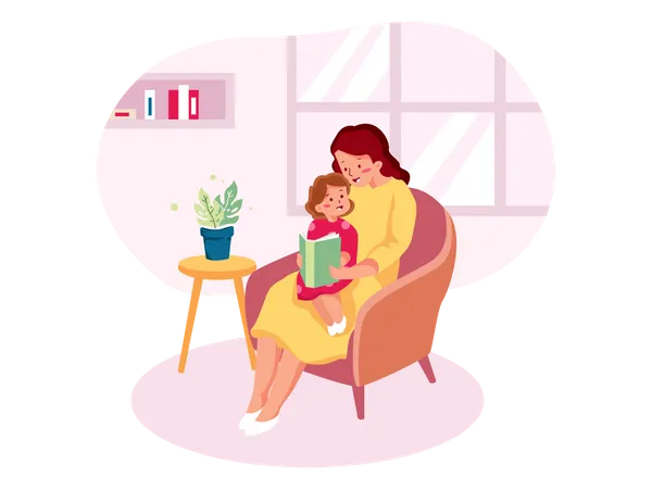 Mãe lendo livro de conto de fadas para uma filha em casa  Ilustração
